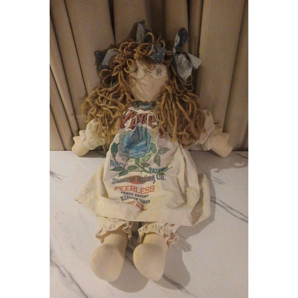 Vintage Handmade Ragdoll  Country Floursack  Dress Brown Yarn Hair 22 Inches